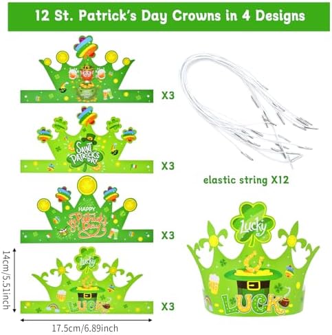 12 Pcs St Patricks Day Paper Crowns - 4 Designs
