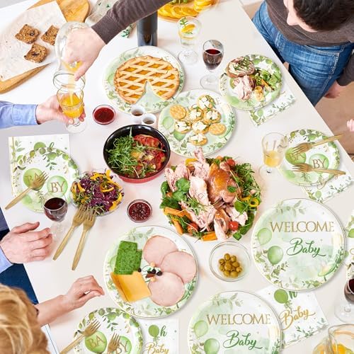 Welcome Baby Greenery Party Plates for 24 Guests
