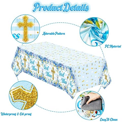 3 Packs Blue Baby Boy Baptism Tablecloths with Cross and Flowers
