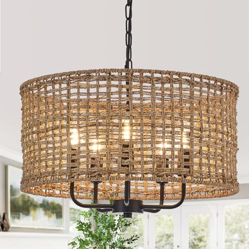 Hand Woven Rattan Chandelier 5 Lights Vintage Farmhouse Style