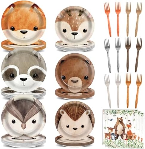 Chunnin 96Pcs Woodland Party Plates Napkins for Animal Themed Events