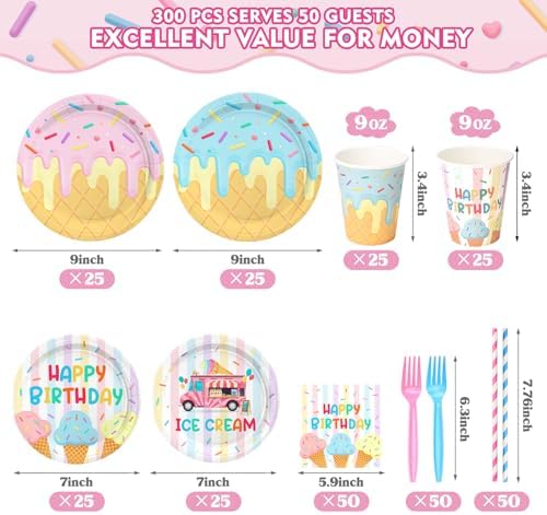 300 Pcs Ice Cream Plates Napkins Cups Forks Set Serves 50 Guests
