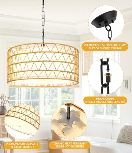 20 Inch Rattan Chandelier with 5 Lights Boho Style