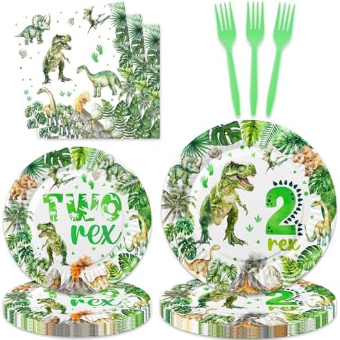 Letromp 80 Pcs Watercolor Dinosaur 2nd Birthday Tableware Set