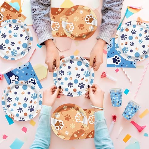 168Pcs Blue Orange Paw Party Plates Napkins Cups Tableware for 24 Guests