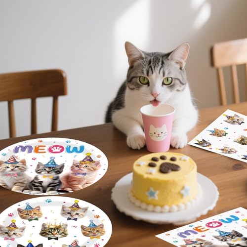 HiEnjoin 72PCS Cat Birthday Plates Napkins Forks Set