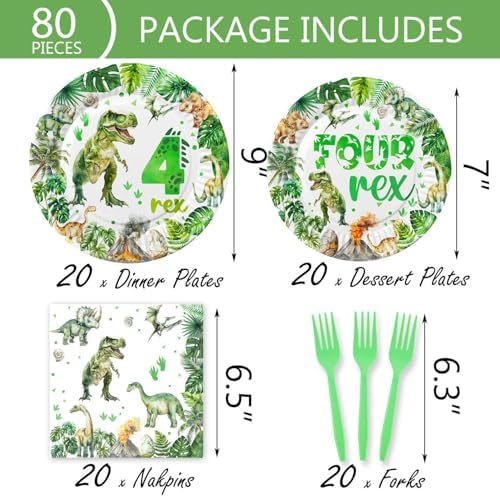 Letromp 80 Pcs Watercolor Dinosaur Party Plates Set for 4th Birthday