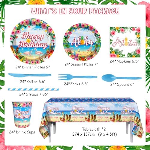 194pcs Hawaiian Aloha Birthday Decorations Set for 24 Guests