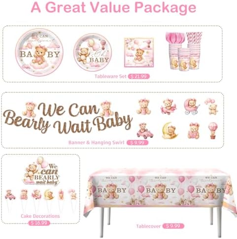 152 PCS Pink Bear Baby Shower Decorations Tableware Set for 20 Guests