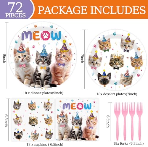 HiEnjoin 72PCS Cat Birthday Plates Napkins Forks Set