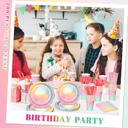 200 Pcs Iridescent Pastel Party Tableware Decorations for Girls Birthday