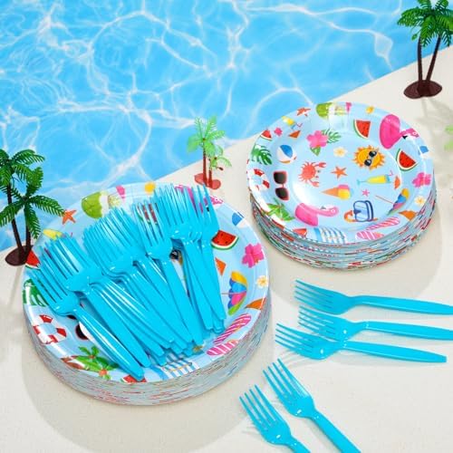 Zhehao 90 Pcs Summer Pool Party Paper Plates and Forks
