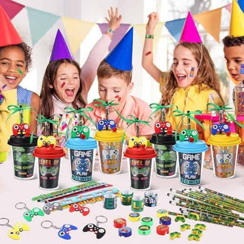 110 Pcs Gamer Party Favor Set with Cups Stickers Keychains and More