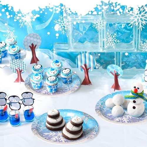 AFZMON 50 Pack Frozen Party Plates 7 Inch Snowflake Themed Disposable Round Plates for Christmas Winter Wonderland