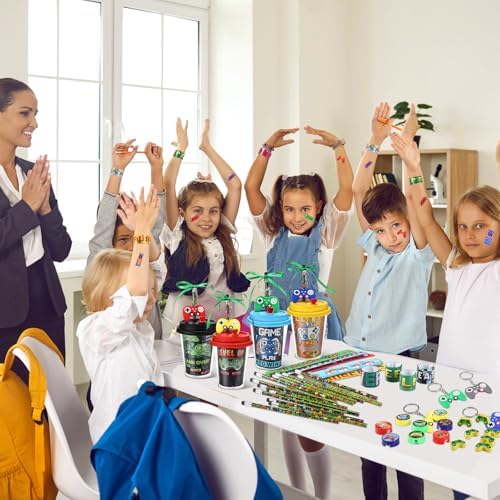 110 Pcs Gamer Party Favor Set with Cups Stickers Keychains and More