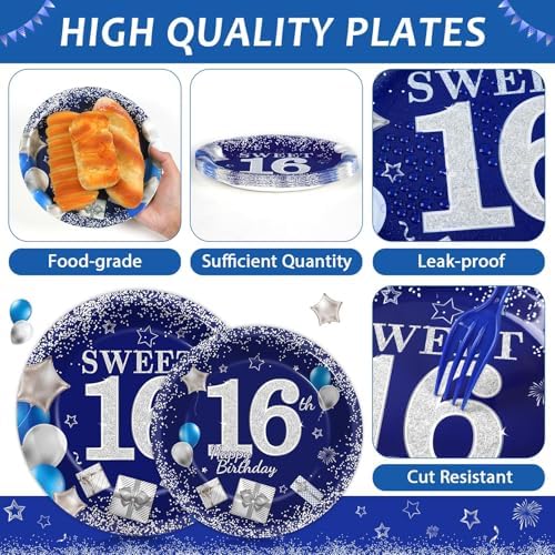 16th Birthday Plates Napkins Forks Set Blue Silver for 24 Guests