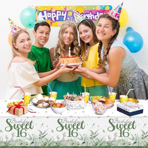 PATIAI Sweet 16 Tablecloths 3 Pack Sage Green Rectangle 16th Birthday Decor
