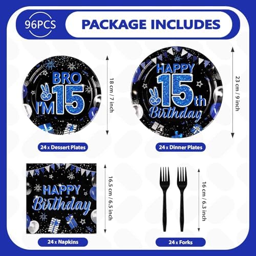 Grencian 96Pcs 15th Birthday Plates for Boys Blue Black Party Set