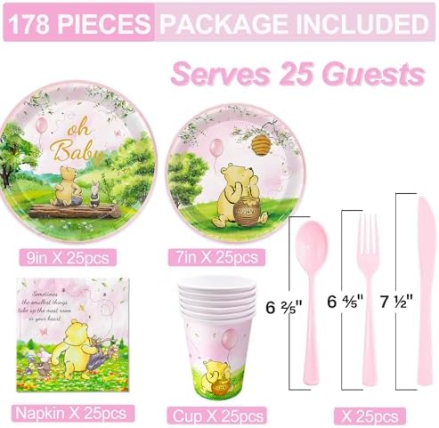 Winnie Bear Baby Shower 178pcs Pink Party Supplies Set for 25 Guests