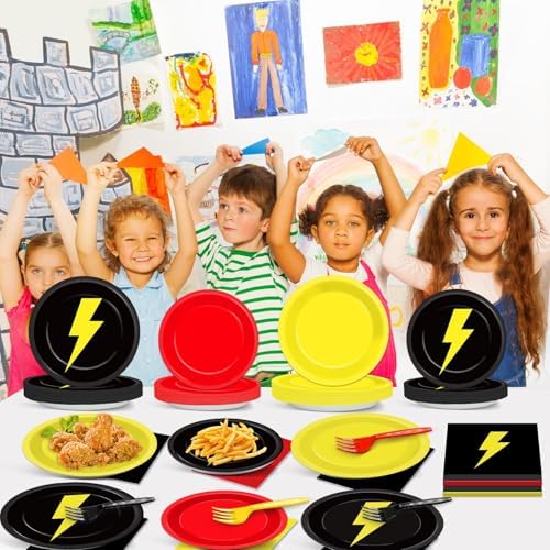 96PCS Red Black Yellow Birthday Party Plates and Napkins for Kids