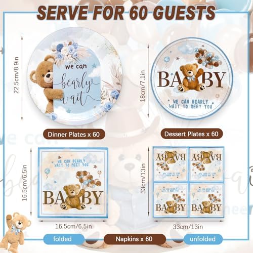 180PCS Bear Baby Shower Decor Plates Napkins Set