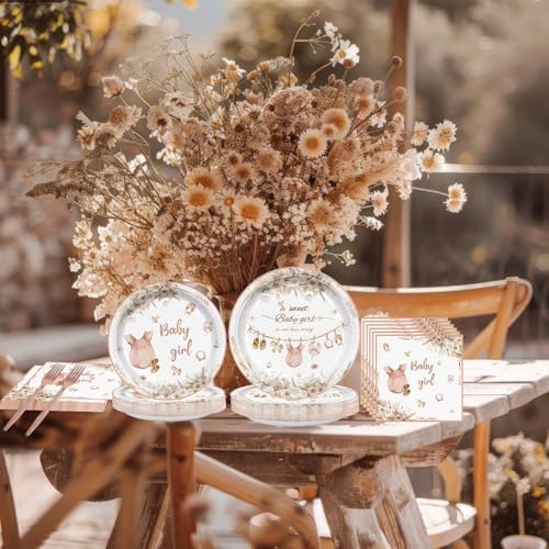 96Pcs Pink Baby Girl Shower Decor Plates Napkins Cups Forks Party Supplies