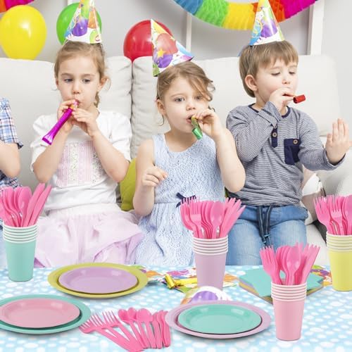 Durony 192 Pcs Pastel Party Supplies Plates Cups Napkins Cutlery Set