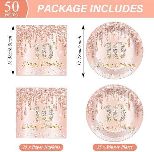 50Pcs Rose Gold 10th Birthday Plates and Napkins for 25 Guests