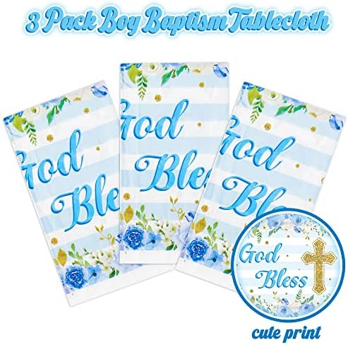 3 Packs Blue Baby Boy Baptism Tablecloths with Cross and Flowers