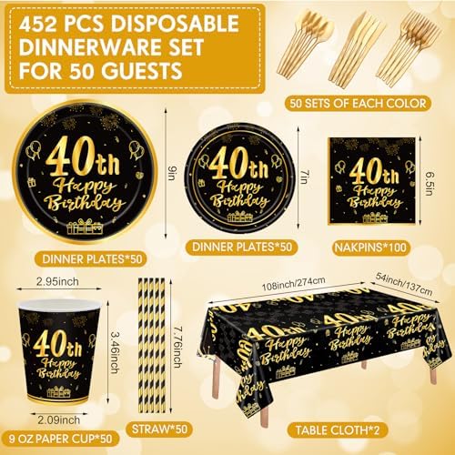 452 Pcs 40th Birthday Decorations Set Black Gold
