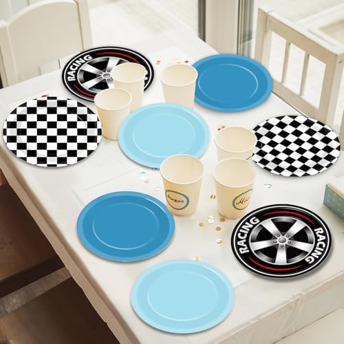 48Pcs Race Car Birthday Plates 7 Inch Black White Fast Plates