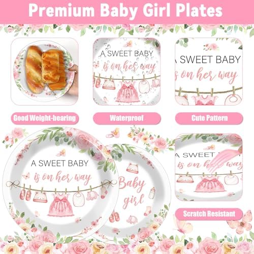 200Pcs Pink Floral Baby Shower Plates Napkins Set