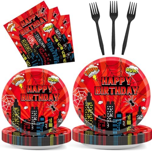 96Pcs Spider Party Plates Napkins Forks Set for 24 Guests