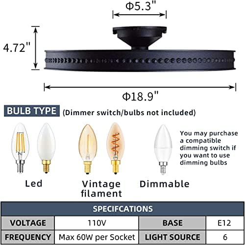 6-Light Rustic Metal Ceiling Fixture Black Round Industrial Style