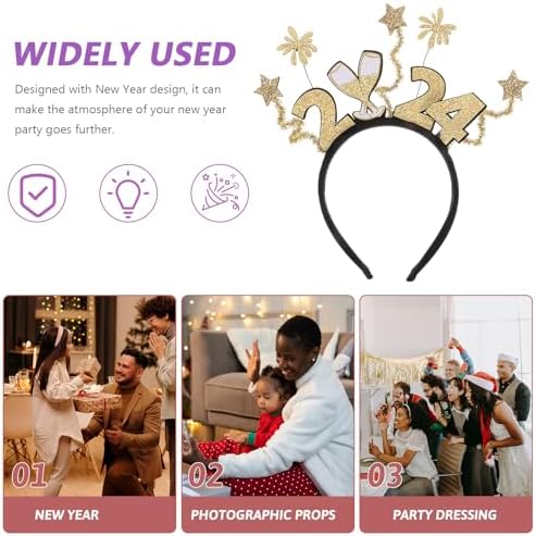 LUOZZY 6 Piece 2024 New Year Headbands Tiara Glitter Star Champagne Bottle Firework Hair Hoops