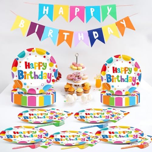 200Pcs Rainbow Birthday Plates Tableware Set for 50 Guests