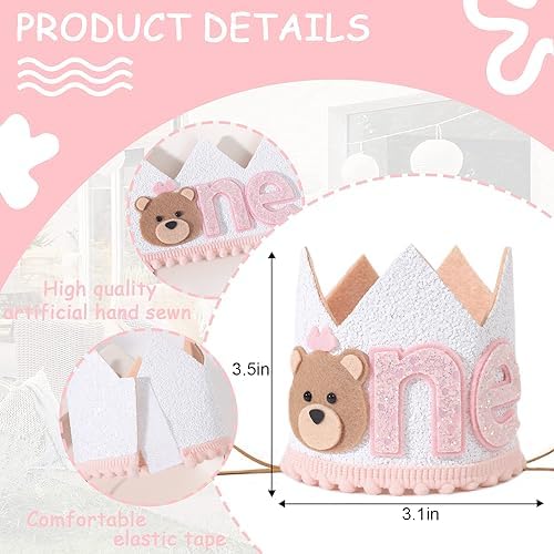 1st Birthday Teddy Bear Crown for Girls - Pink Bear Party Hat