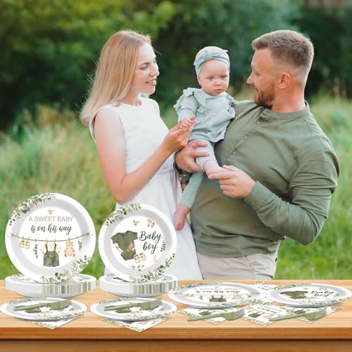 Sage Green Baby Shower Plates Napkins Tableware Set 24 Guests