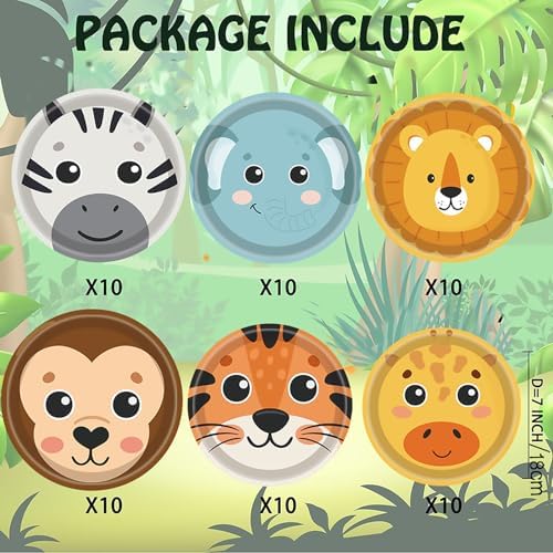 60Pcs Jungle Safari Animal Shaped Paper Plates