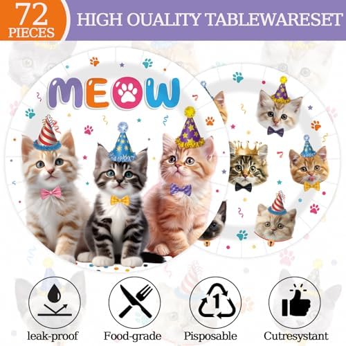 HiEnjoin 72PCS Cat Birthday Plates Napkins Forks Set