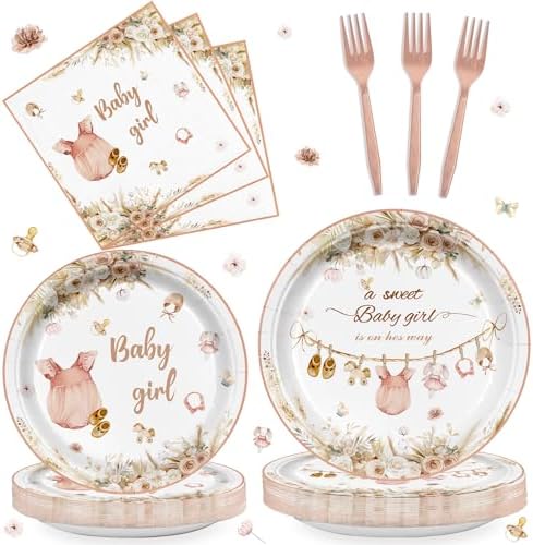 96Pcs Pink Baby Girl Shower Decor Plates Napkins Cups Forks Party Supplies