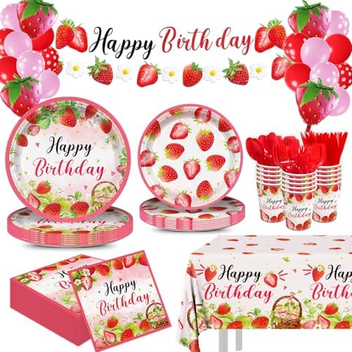 188pcs Strawberry Party Supplies Plates Napkins Tablecloth Banner Balloons for Kids Birthday Celebration
