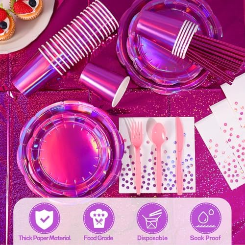 200 Pcs Iridescent Pink Party Plates and Napkins Set