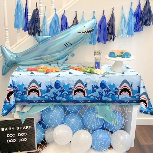 Wave Shark Birthday Tablecloth 54x108 Inch Blue