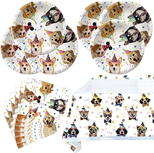 OULUN Dog Party Tableware Set 20 Plates 20 Napkins Tablecloth 71x425 Dog Birthday Decorate Supplies