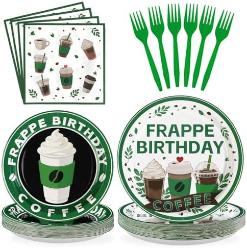 Grencian Green Coffee Birthday Plates Napkins Set