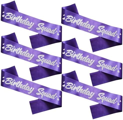 6 Piece Birthday Squad Sash Set Purple with Silver Glitter Lettering