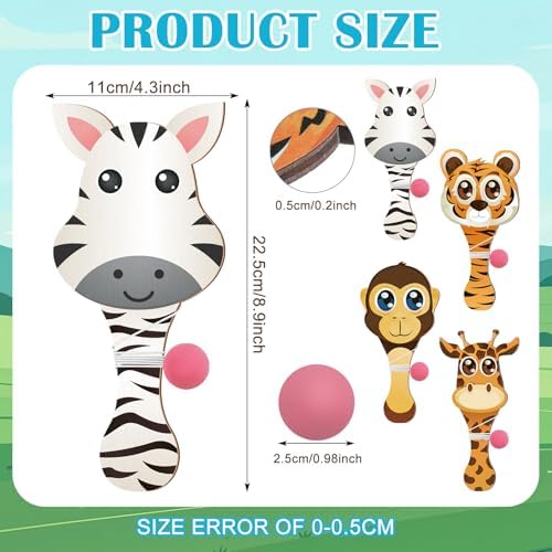 24 Pcs Zoo Animal Paddle Balls with String Set