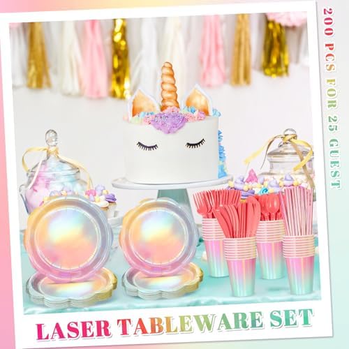 200 Pcs Iridescent Pastel Party Tableware Decorations for Girls Birthday