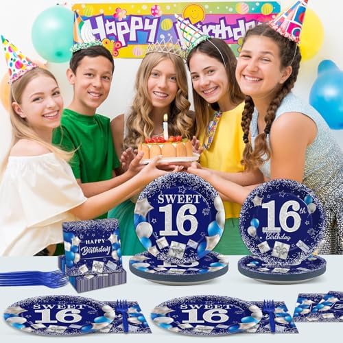 16th Birthday Plates Napkins Forks Set Blue Silver for 24 Guests